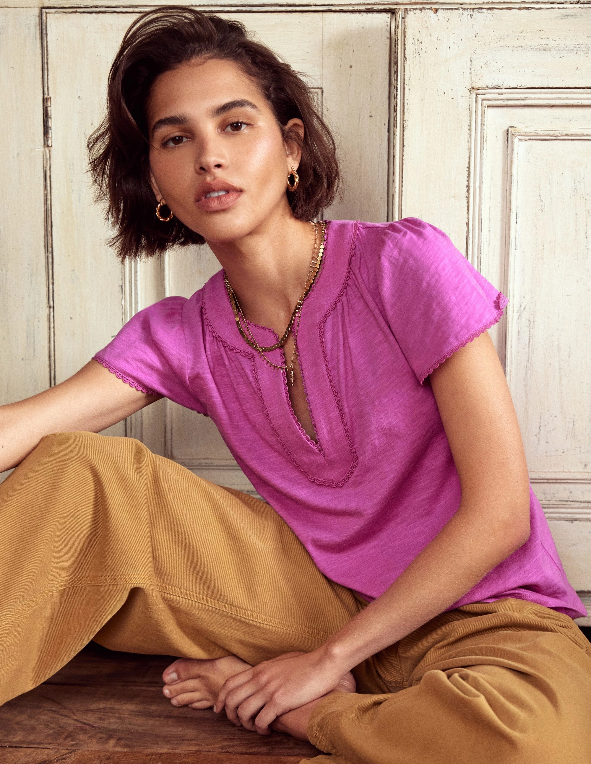 Ava Short Sleeve Top-Radiant Orchid RibbedNeckline