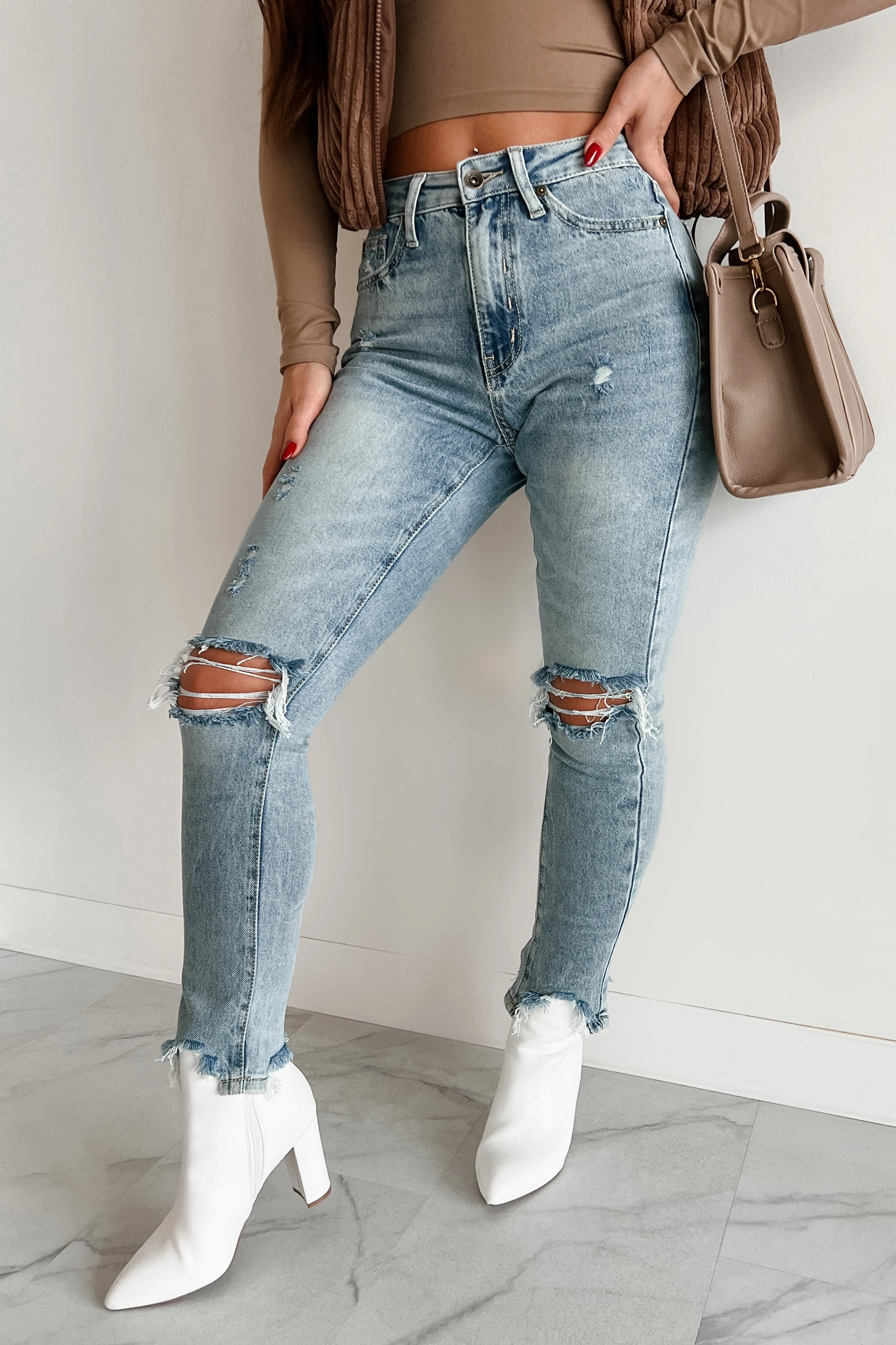Vince High Rise Distressed Special A Slim Straight Jeans (Medium Light) FlexFoamInserts
