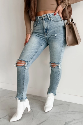 Sporty Cardigan Anti Pill Surface Vince High Rise Distressed Special A Slim Straight Jeans (Medium Light)