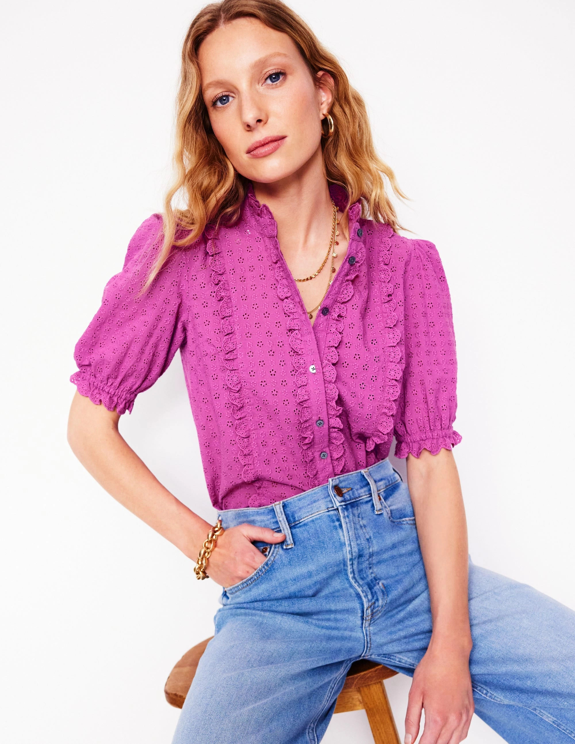 Feminine Cotton Blouse-Foxglove Purple Odor Resistant Coating SheerLayering
