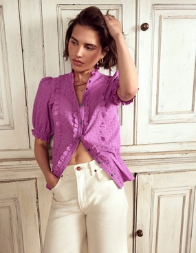 Feminine Cotton Blouse-Foxglove Purple Anti Static Fabric