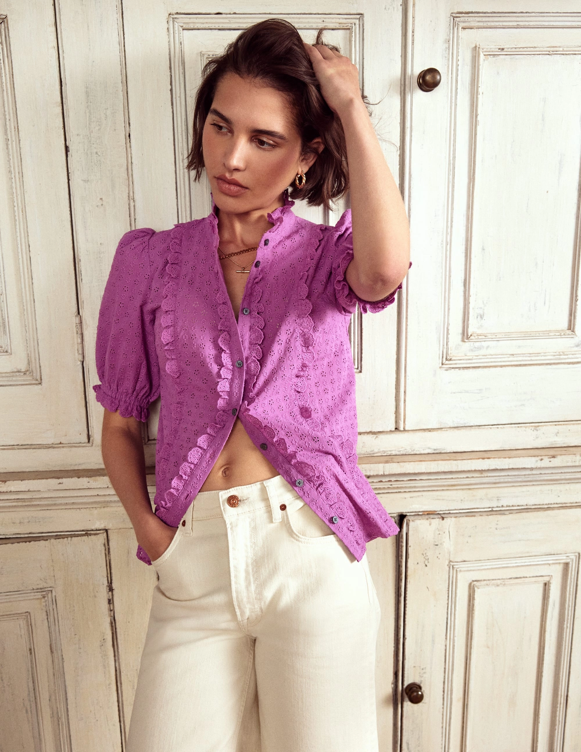 Feminine Cotton Blouse-Foxglove Purple Anti Static Fabric