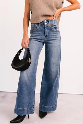 Calla Wide Leg High Rise Risen Jeans (Dark) Overlock Edging