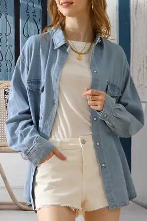 Active Wear MicroPerforated Details SIMPLE POKCET DENIM LONG SLEEVE SHIRTS