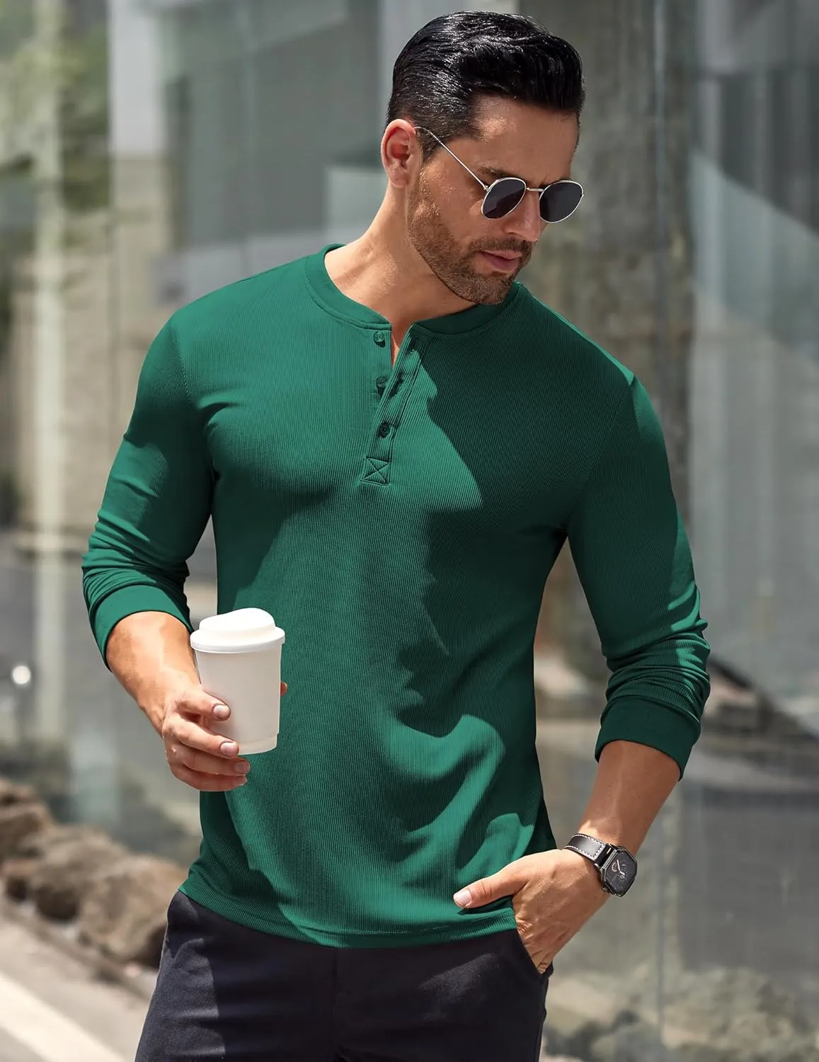 COOFANDY Men's Long Sleeve Henley Shirts Stretch Ribbed T-Shirts Fashion Casual Basic Tops