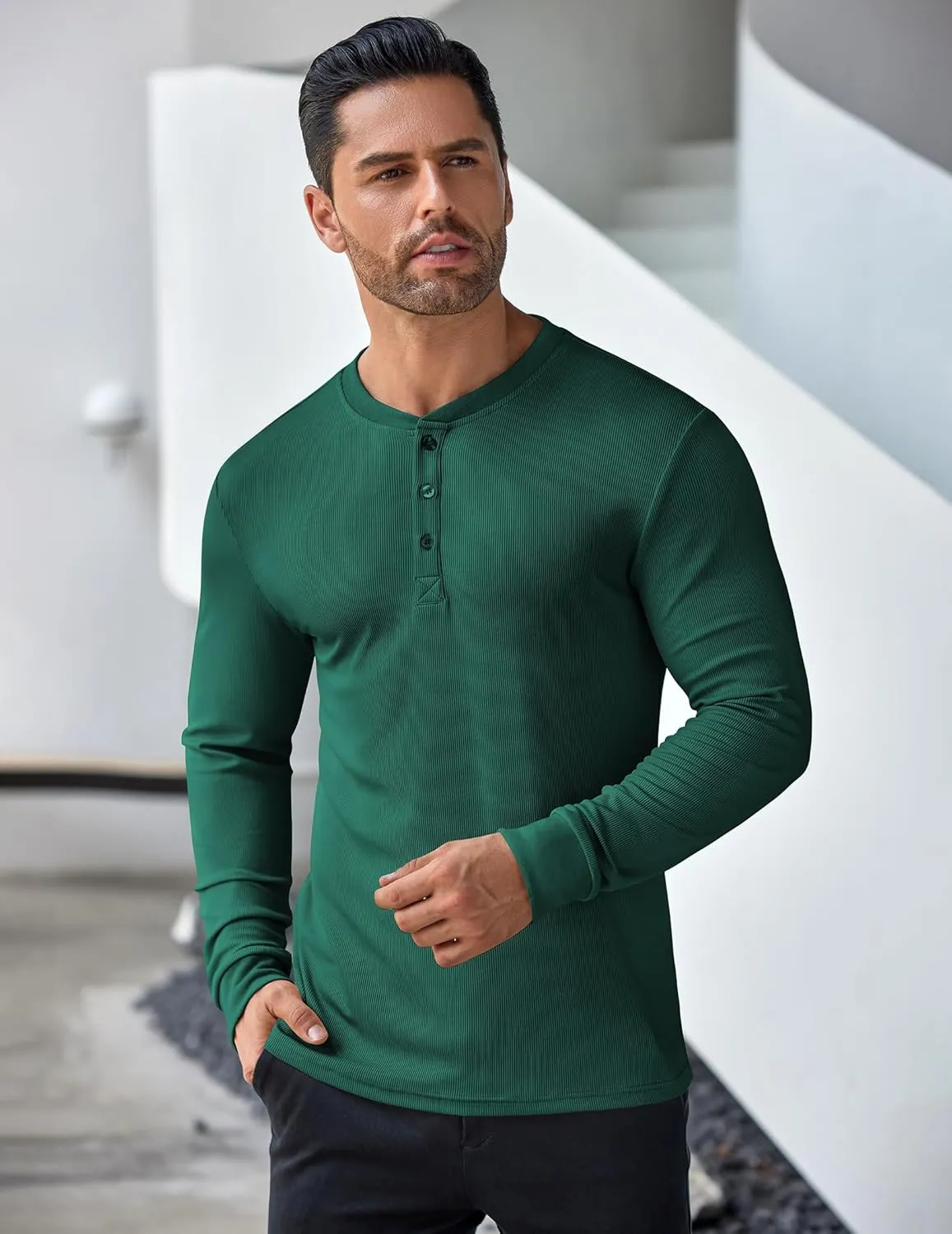 COOFANDY Men's Long Sleeve Henley Shirts Stretch Ribbed T-Shirts Fashion Casual Basic Tops