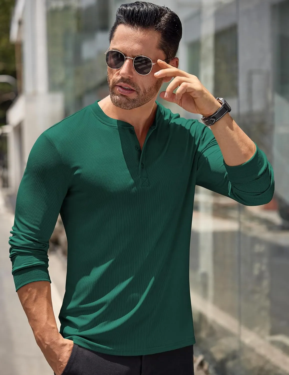 COOFANDY Men's Long Sleeve Henley Shirts Stretch Ribbed T-Shirts Fashion Casual Basic Tops