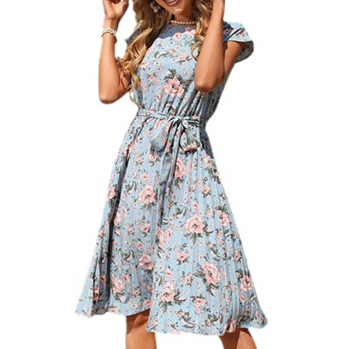 Clear Blush Chic and Flattering Blue floral print holiday dress_CWDSD3390