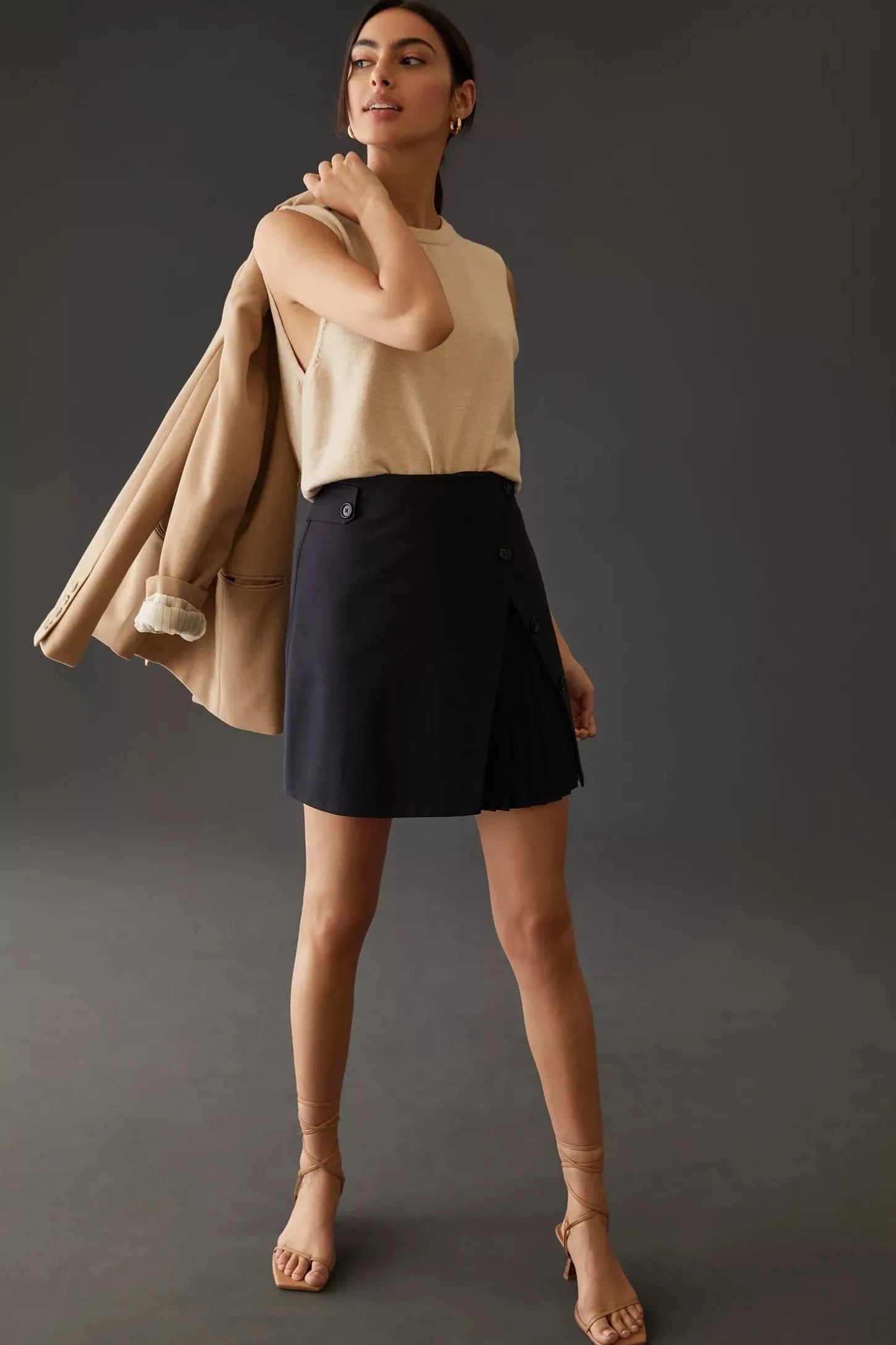 Neutral Wear Satin feel Tailored Pleated Mini Skirt-Black