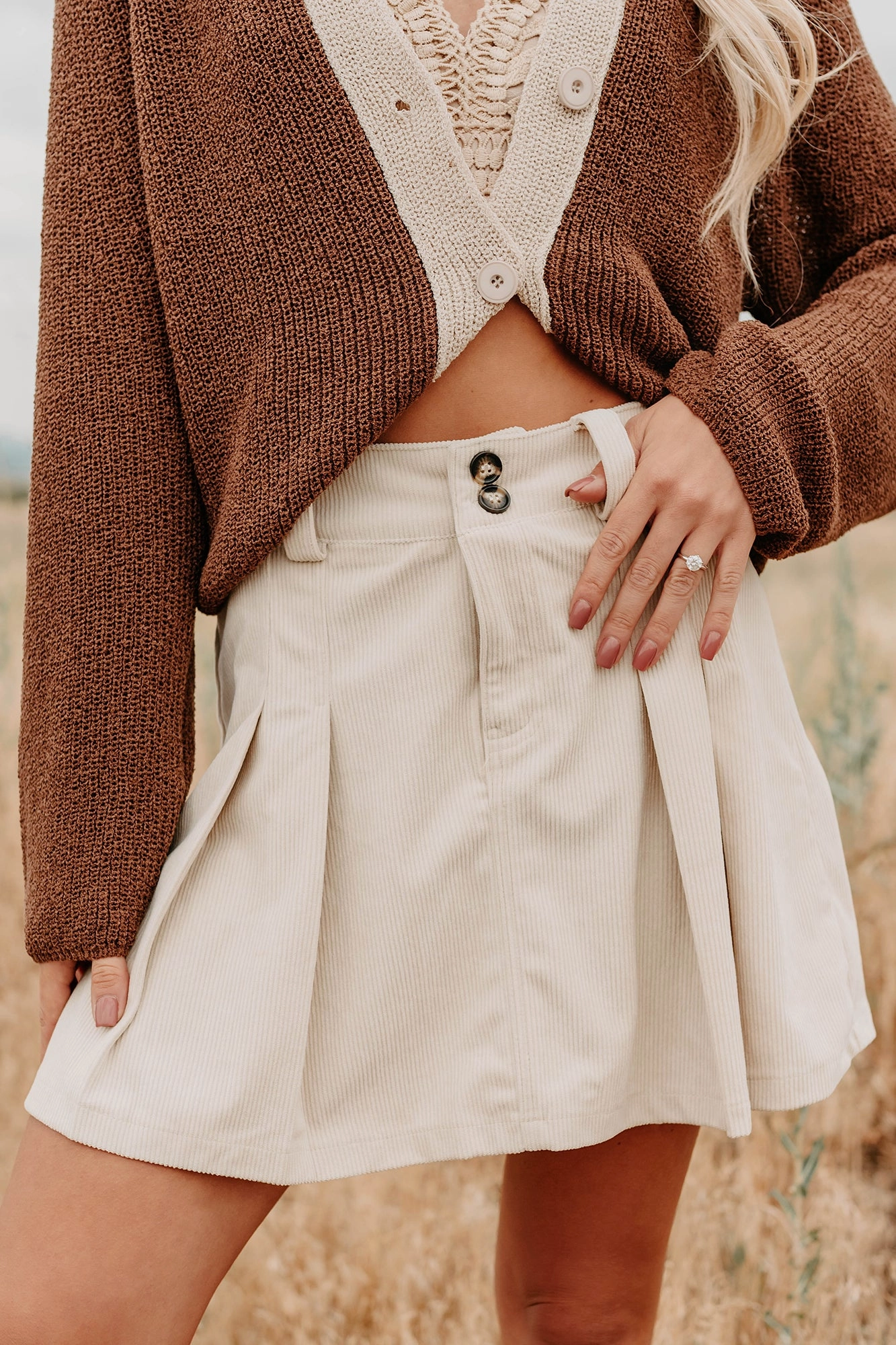 Spring In The Air Corduroy Mini Skirt (Beige) SecureCargoPockets Belt loops