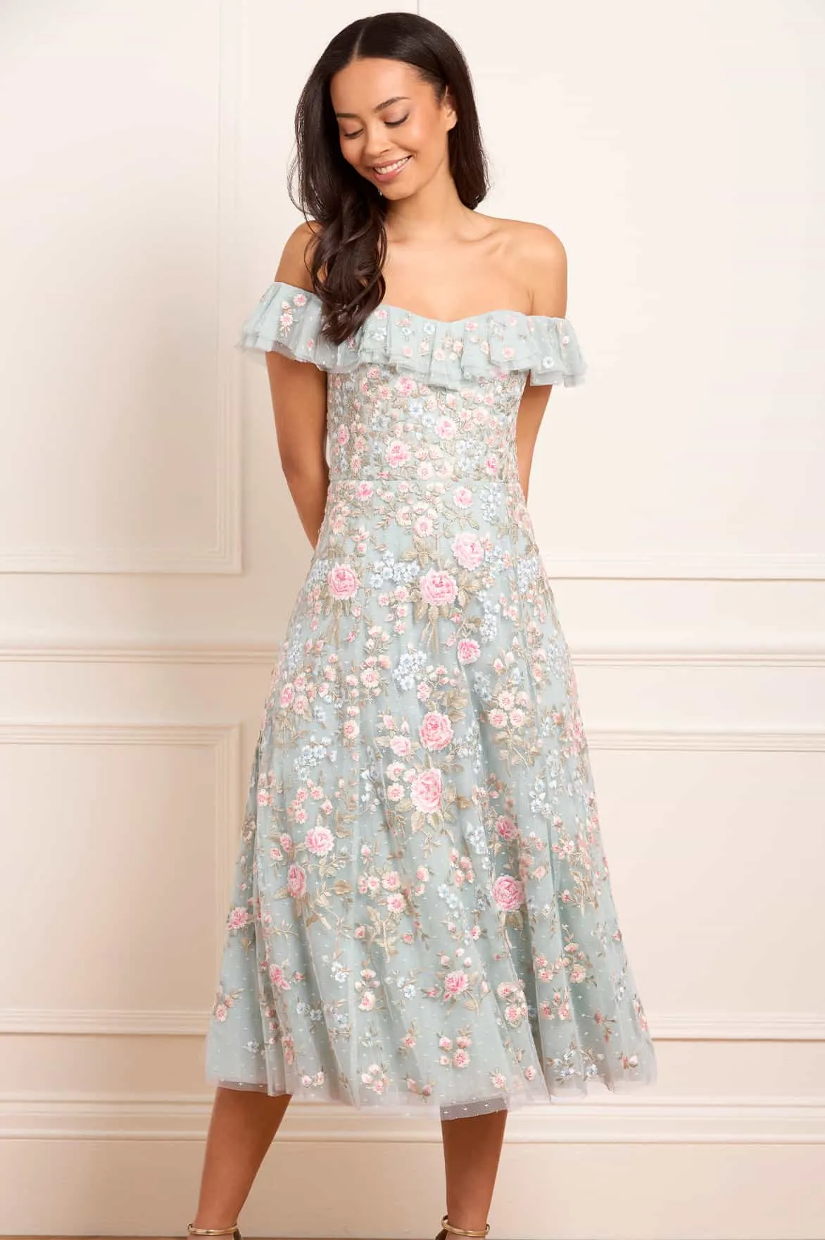 Movement Ready Feminine Vibe Antoinettes Floral Off-Shoulder Ballerina Dress