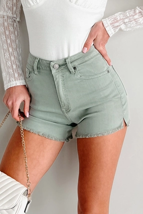 Jennilyn High Rise Frayed Hem Denim Kancan Shorts (Olive) Work Friendly Easy Motion