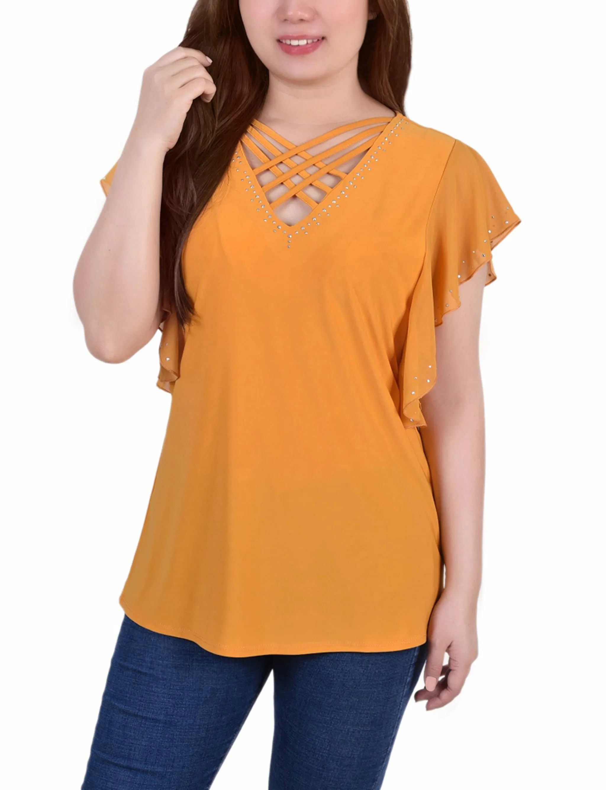 OdorResistantFinish LightReflective Flutter Sleeve Top With Criss Cross Strips