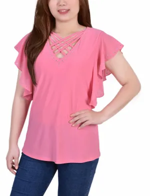 AllDayComfort Flutter Sleeve Top With Criss Cross Strips