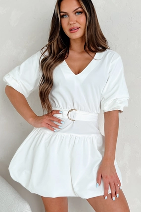 Tracy Belted Bubble Hem Mini Dress (Off White) Minimalist Waist Art-Gallery
