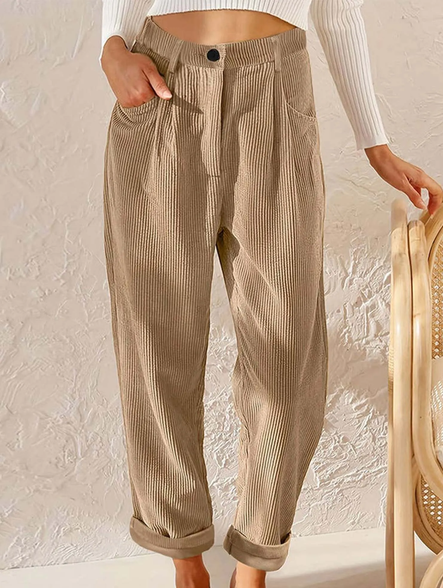 Layering Essential CORDUROY HIGH WAISTED STRAIGHT LEG PANTS_CWBLP0643