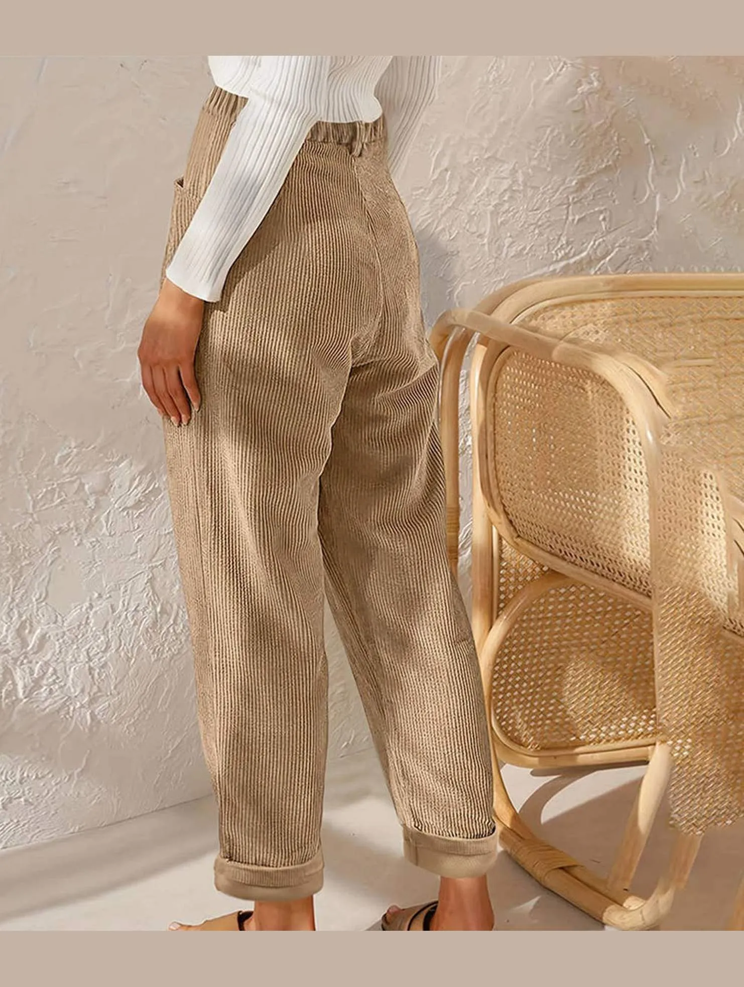 CORDUROY HIGH WAISTED STRAIGHT LEG PANTS_CWBLP0643 TearResistantMaterial Anti Pilling