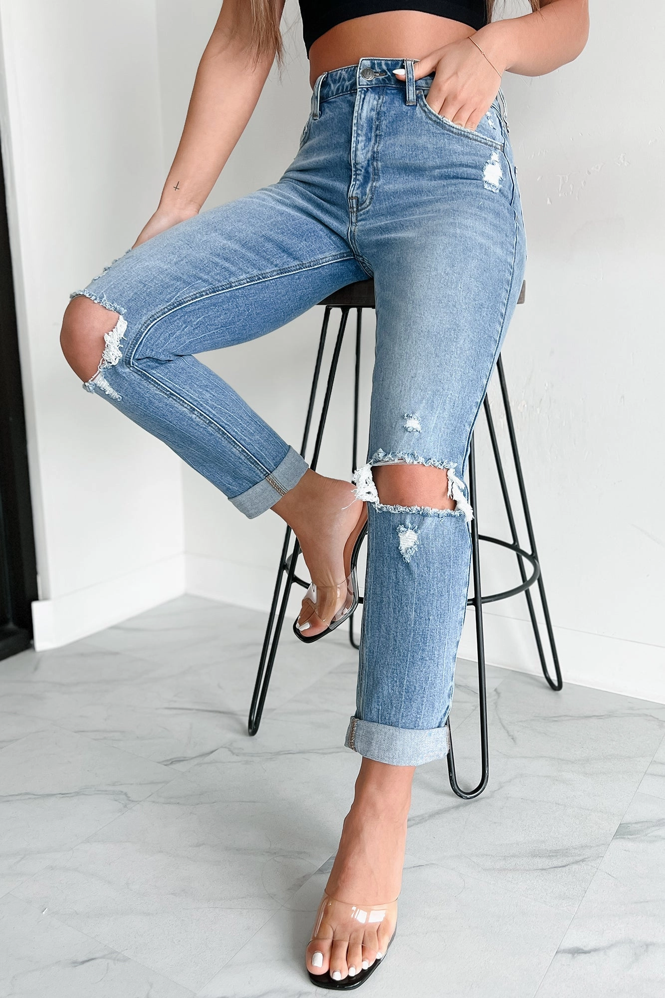 Barry High Rise Distressed Boyfriend Jeans (Medium Denim) High Rise