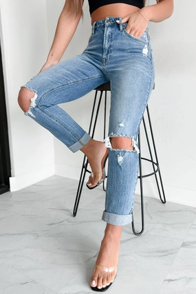 Barry High Rise Distressed Boyfriend Jeans (Medium Denim) Chic Design