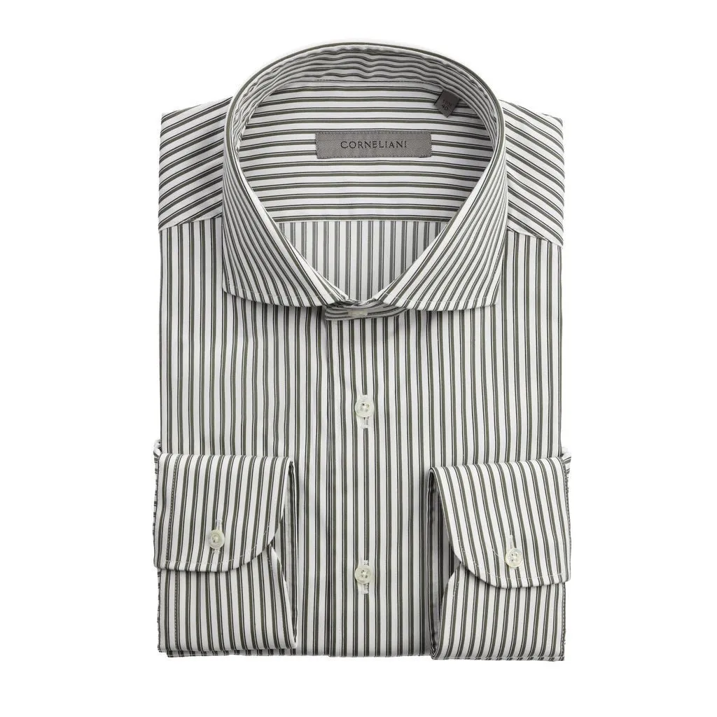 CORNELIANI Poplin Stripe Shirt Single-Cuff Tailored Fit OLIVE/WHITE