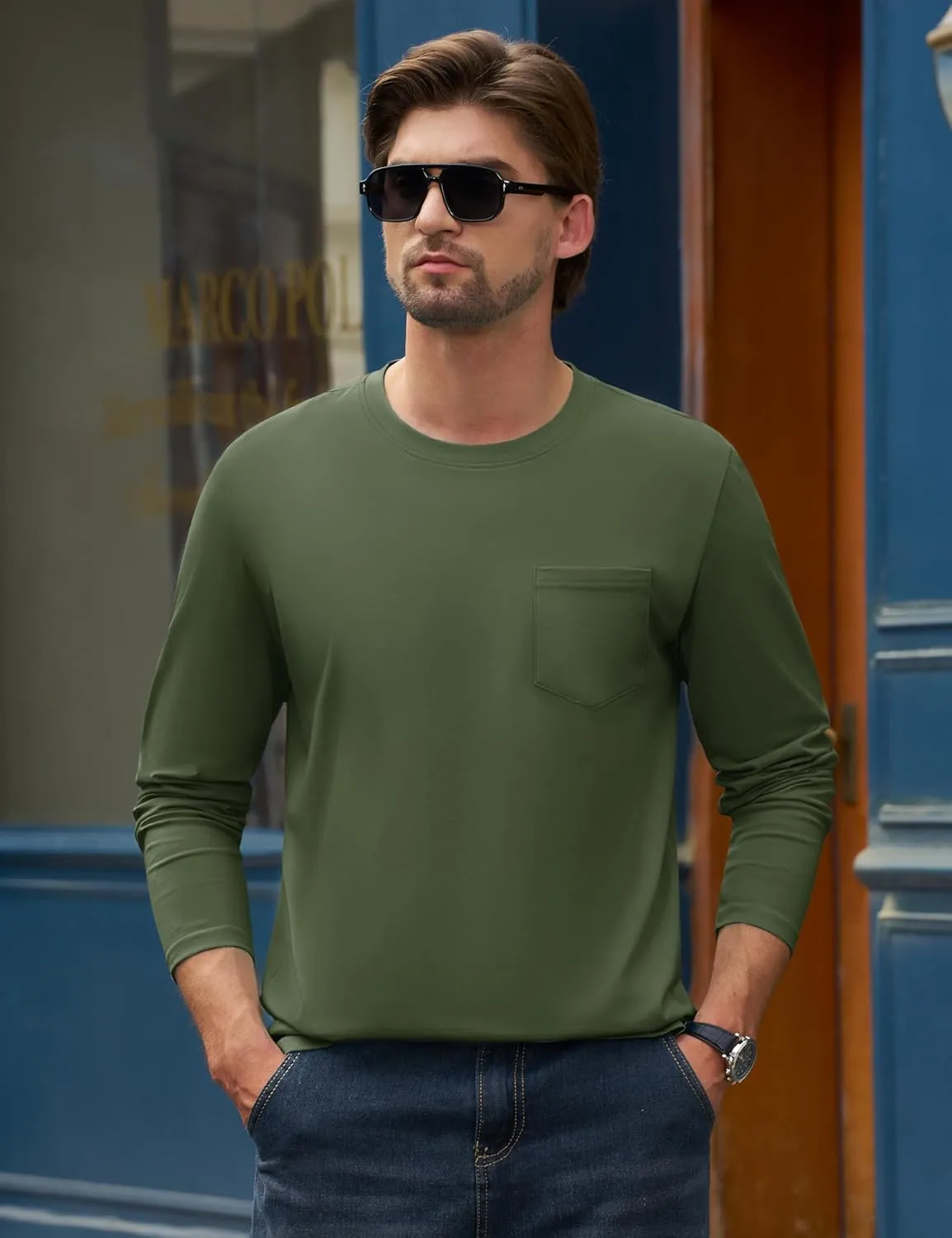 Cotrasen Men's Long Sleeve T-Shirts Cotton Casual T Shirts for Men Breathable Comfort Tee Shirts with Pocket
