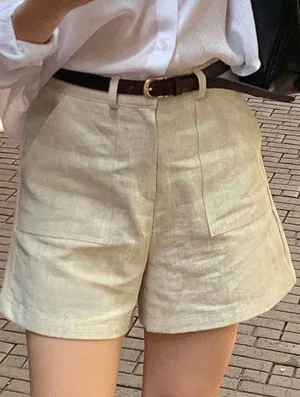 COTTON AND LINEN DOUBLE-POCKET SHORTS_CWBLP0742 Training Wear