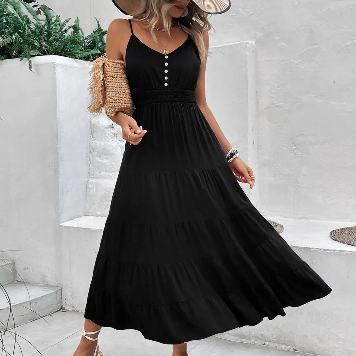 COTTON AND LINEN HALTER DRESS_CWDMD1563 Satin Fabric Fashionable Cut