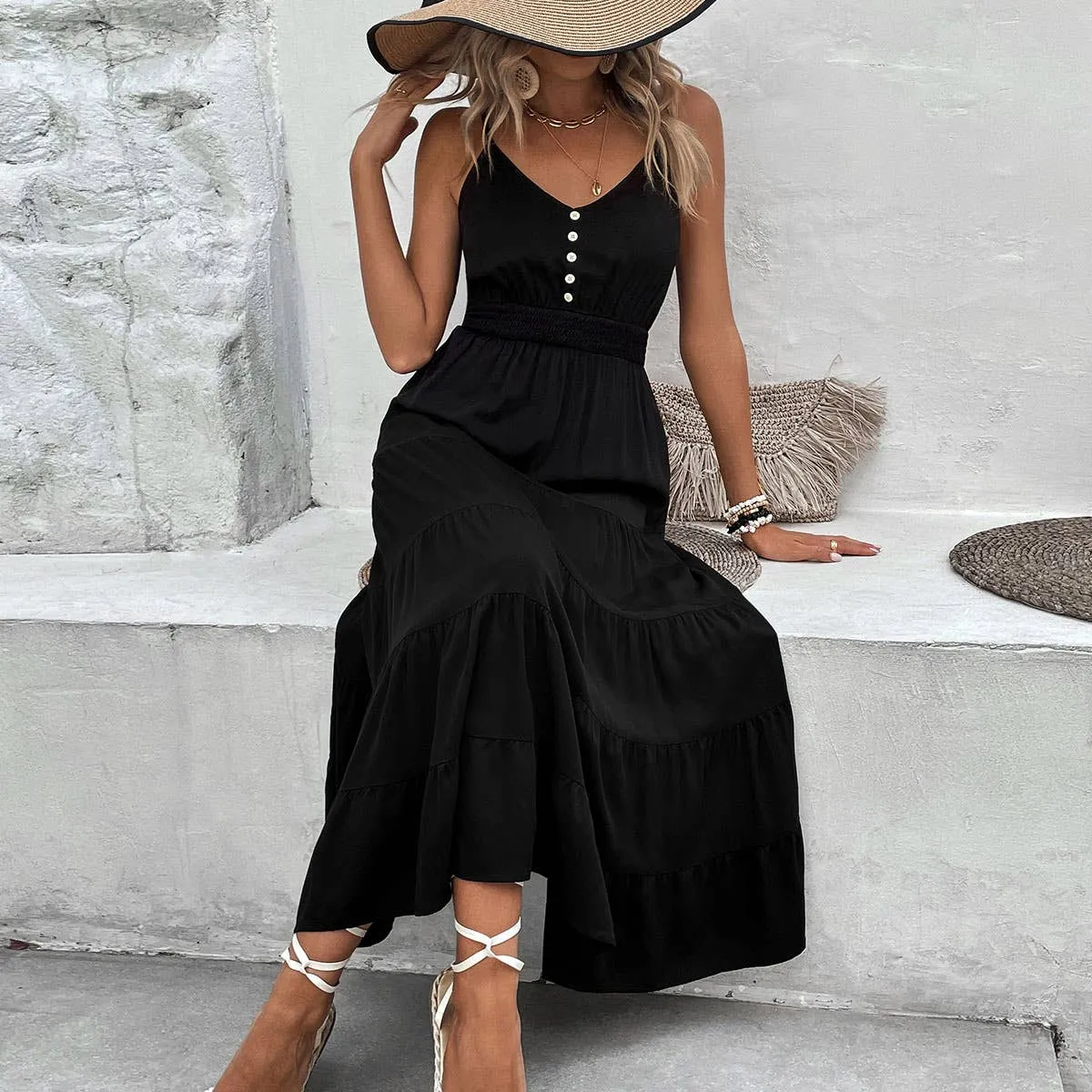 COTTON AND LINEN HALTER DRESS_CWDMD1563 Satin Glow