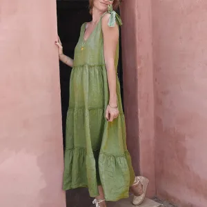 Comfort Waist Fit COTTON AND LINEN SLEEVELESS DRESS_CWDMD1544