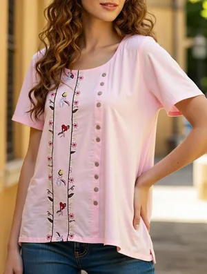 LoopwheelFabric COTTON BREATHABLE LOOSE EMBROIDERED TOP_CWTBLS0658