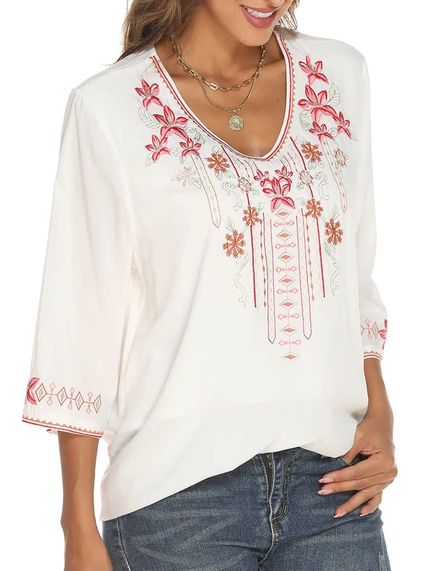 COTTON EMBROIDERED FLORAL BLOUSE_CWTBLL0837 Office Look StretchMaterial