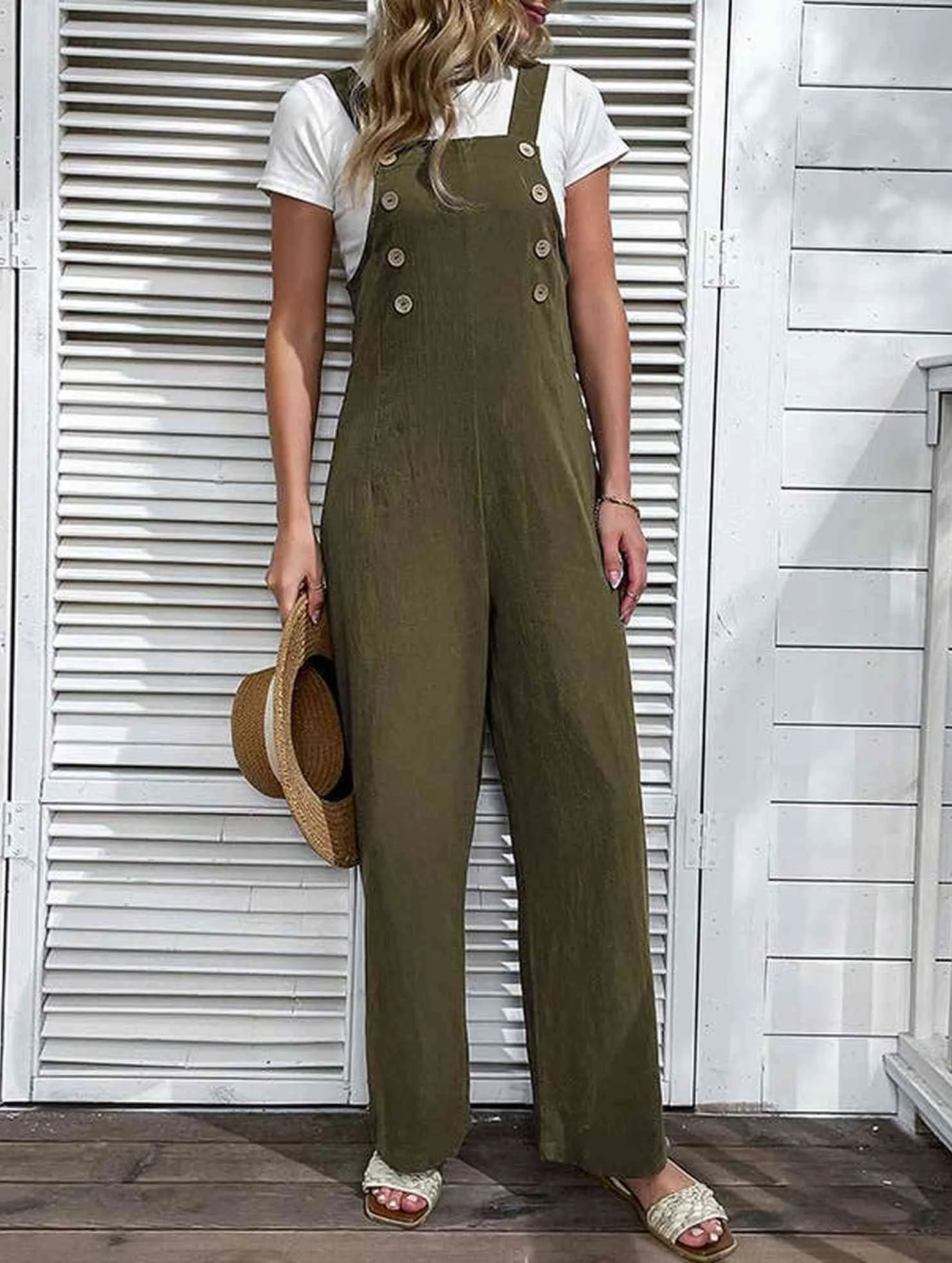 Durable Material Everyday Must-have COTTON HEMP WIDE LEG OVERALLS_CWBLP0647