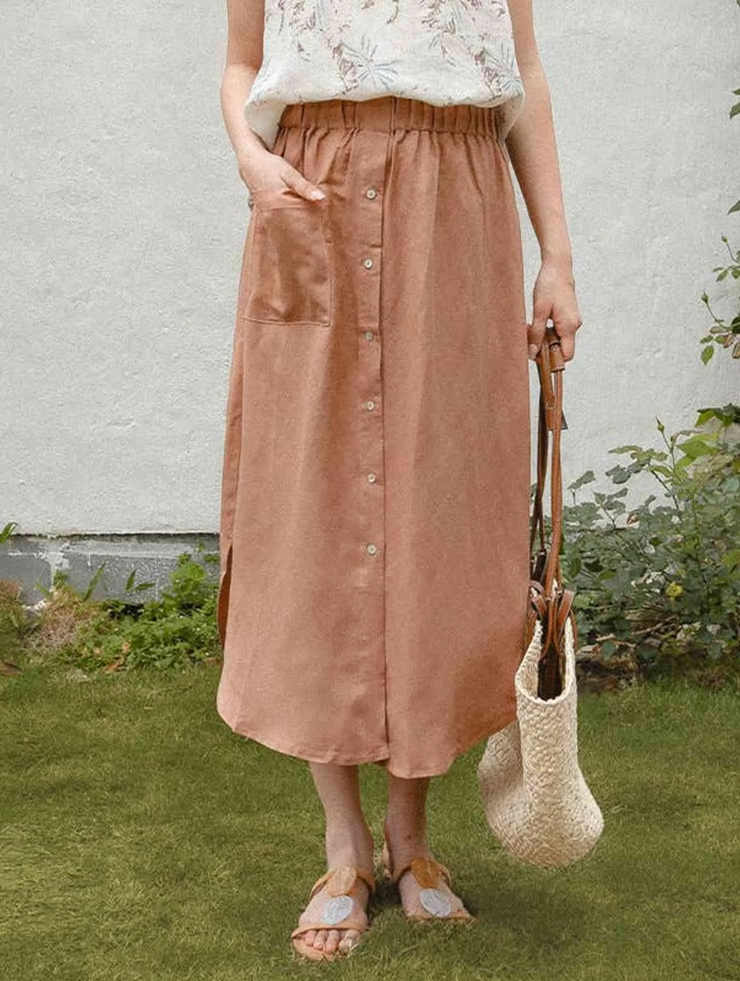 Chill Style Slim Waist COTTON LINEN BREATHABLE CASUAL SKIRT_CWBLS0194