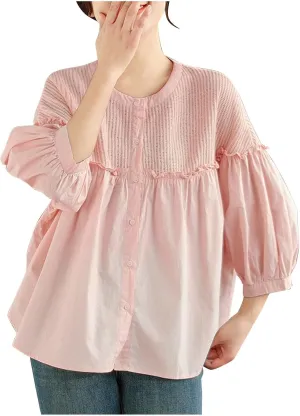 Cotton Linen Button Tops for Women 2025 Summer Peplum Babydoll Puff Short Sleeve Blouse T-Shirts Cute Crewneck Shirts