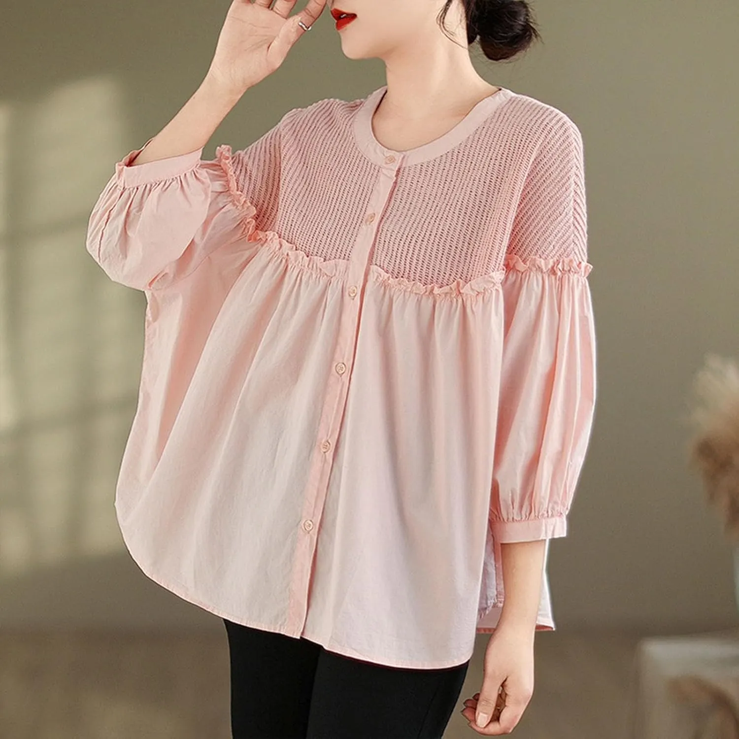 Cotton Linen Button Tops for Women 2025 Summer Peplum Babydoll Puff Short Sleeve Blouse T-Shirts Cute Crewneck Shirts