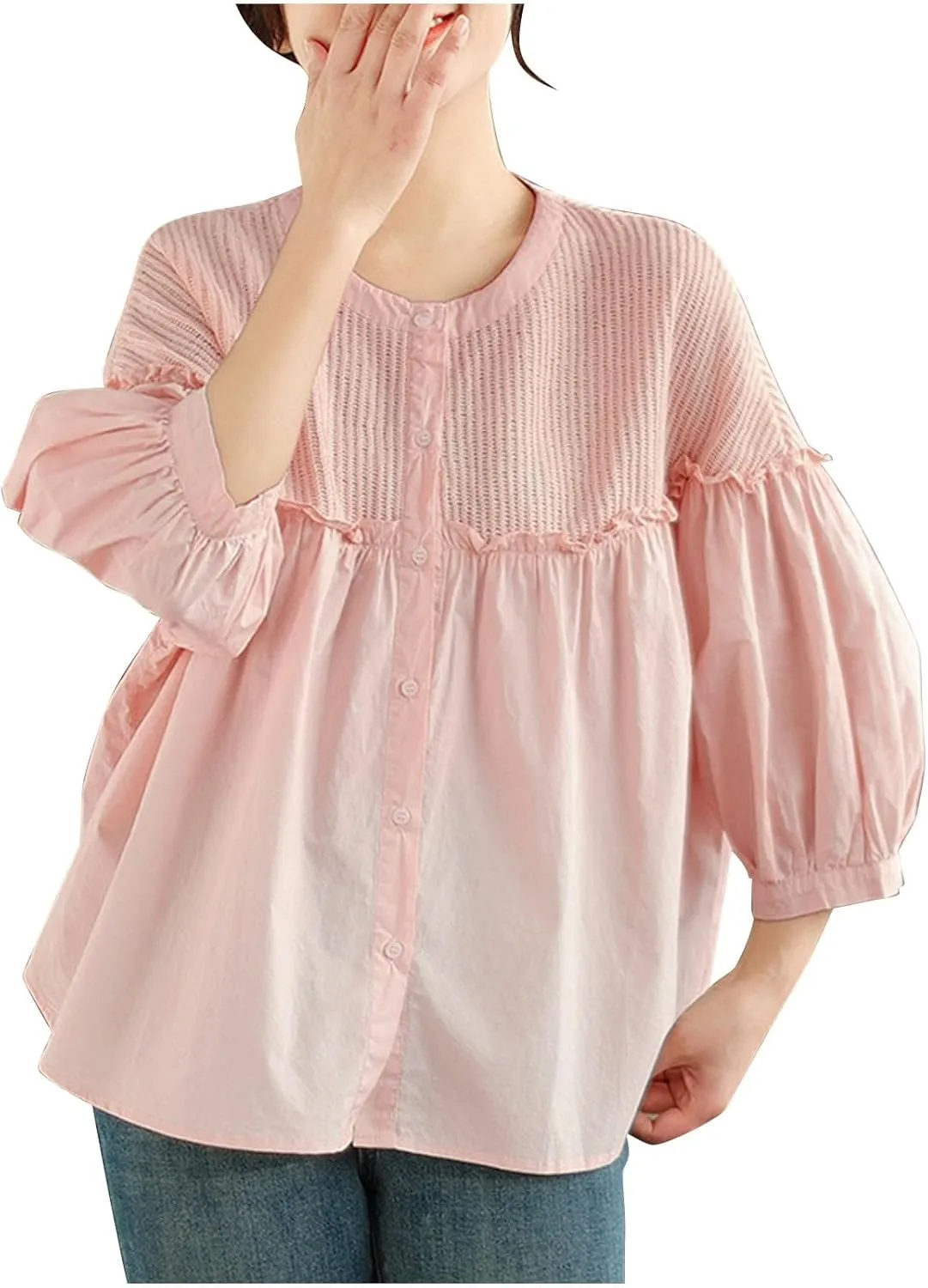 Cotton Linen Button Tops for Women 2025 Summer Peplum Babydoll Puff Short Sleeve Blouse T-Shirts Cute Crewneck Shirts