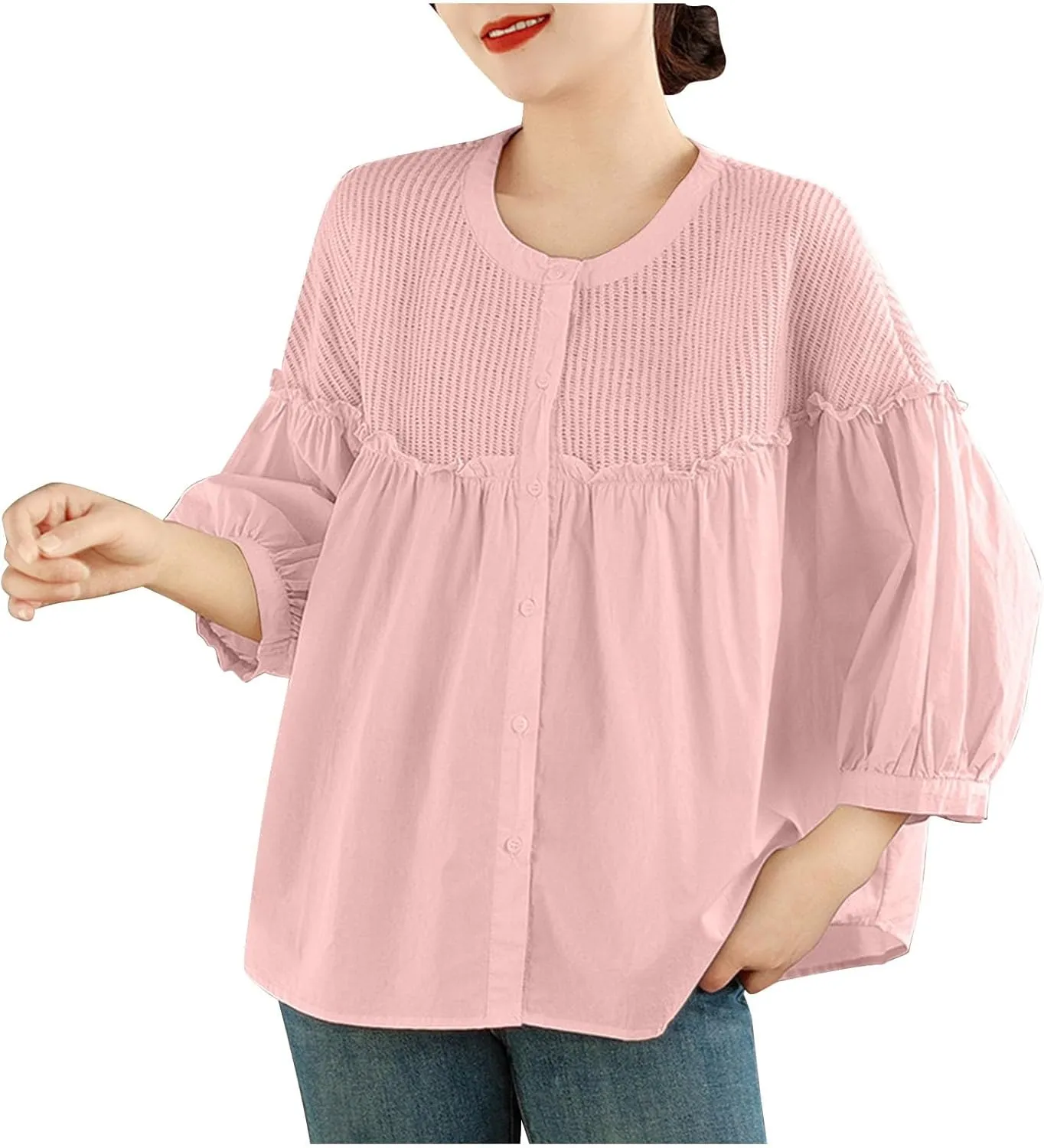 Cotton Linen Button Tops for Women 2025 Summer Peplum Babydoll Puff Short Sleeve Blouse T-Shirts Cute Crewneck Shirts