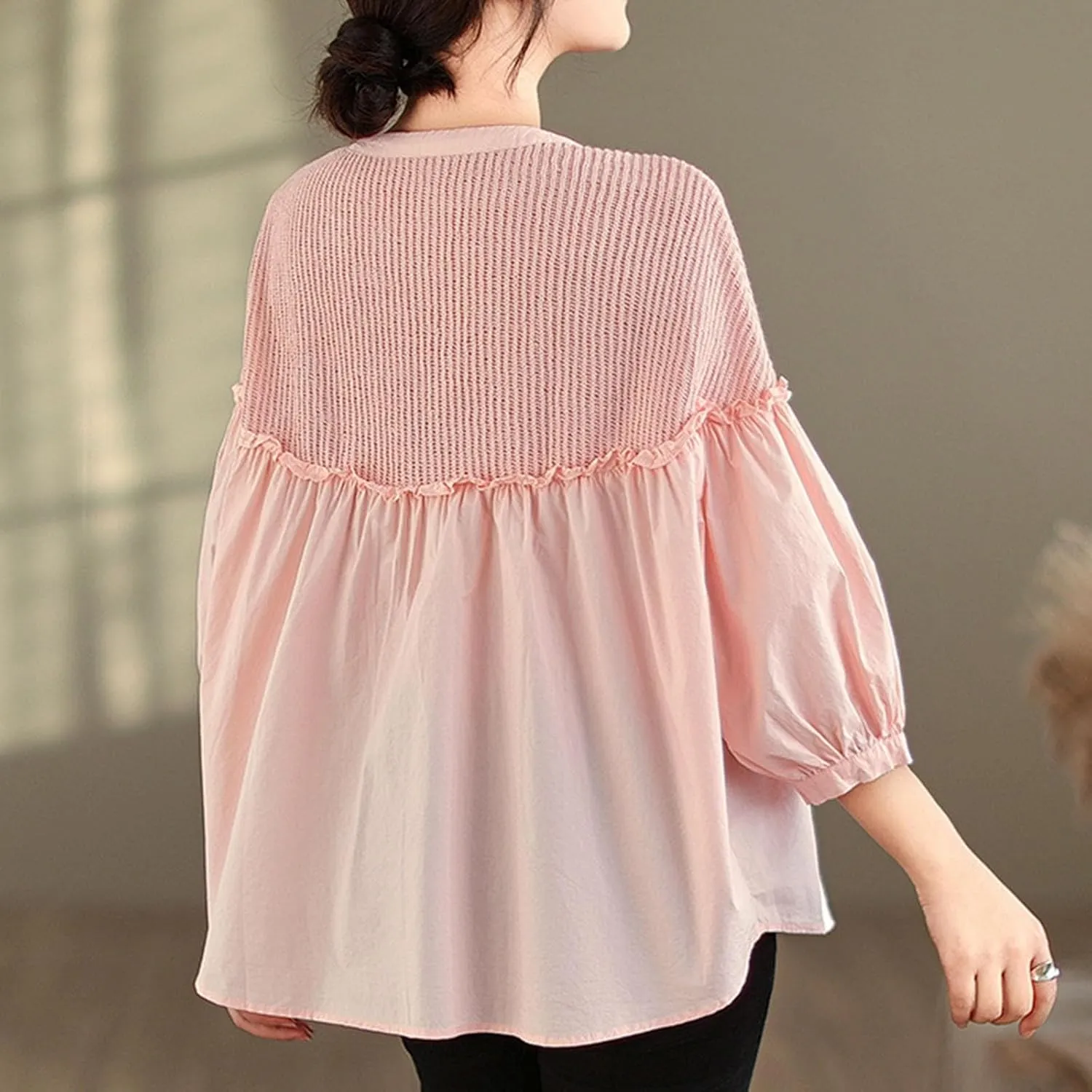 Cotton Linen Button Tops for Women 2025 Summer Peplum Babydoll Puff Short Sleeve Blouse T-Shirts Cute Crewneck Shirts