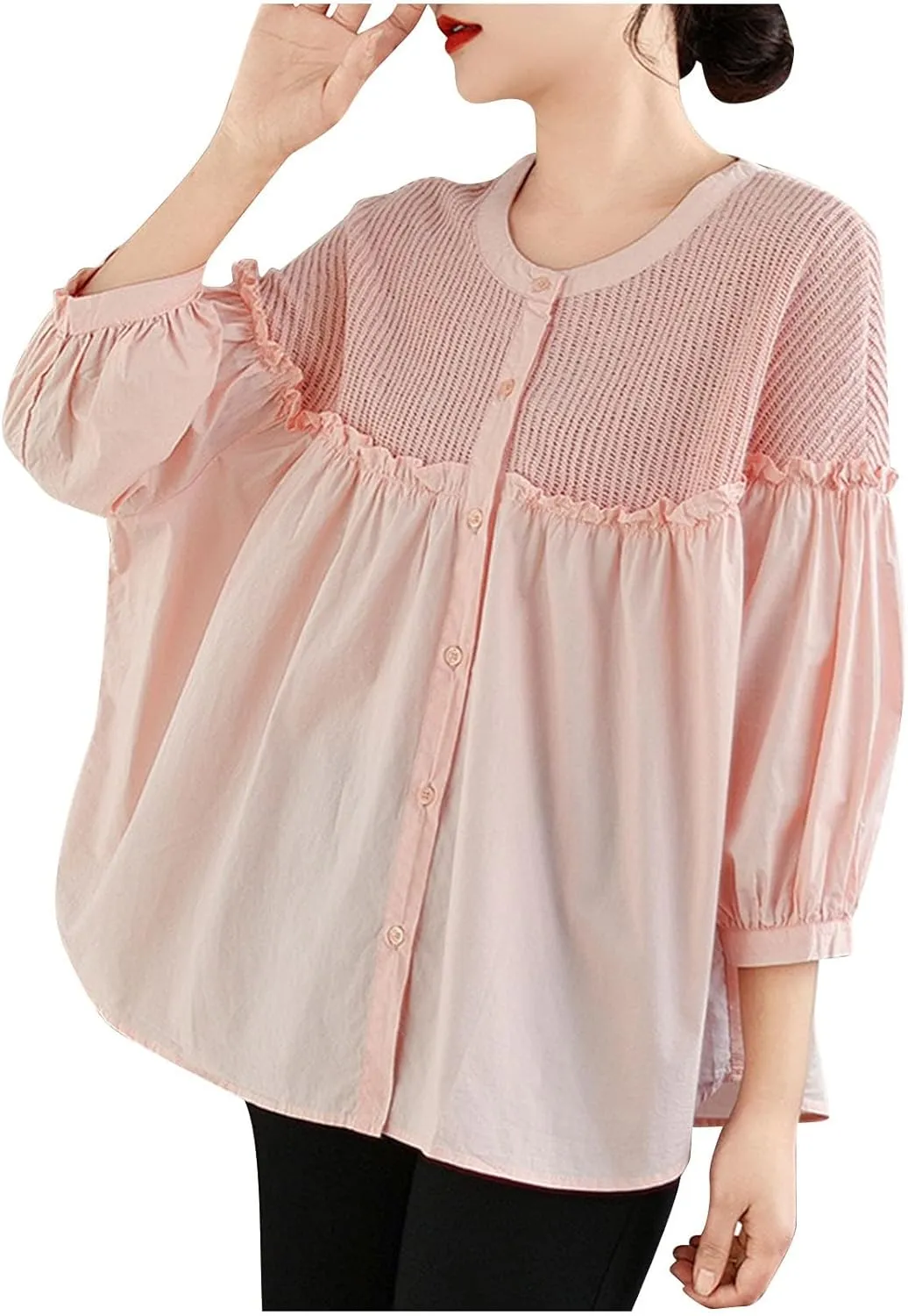 Cotton Linen Button Tops for Women 2025 Summer Peplum Babydoll Puff Short Sleeve Blouse T-Shirts Cute Crewneck Shirts