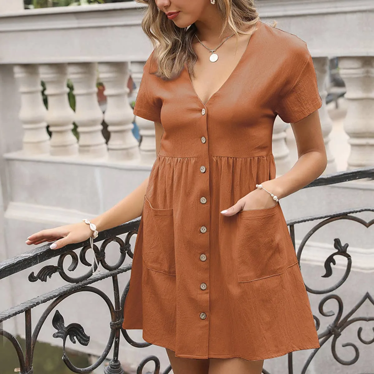 Casual Layers Pure Color COTTON LINEN DRESS WITH V-NECK BUTTONS_CWDSD3489