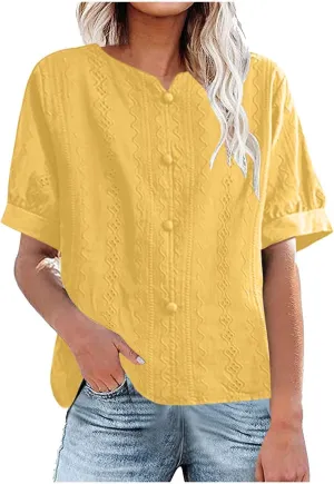 Cotton Linen Shirt for Women Elegant Embroidery Button Tops Summer Lantern Short Sleeve V Neck Blouse Tees Tunics