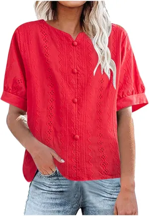 Cotton Linen Shirt for Women Elegant Embroidery Button Tops Summer Lantern Short Sleeve V Neck Blouse Tees Tunics