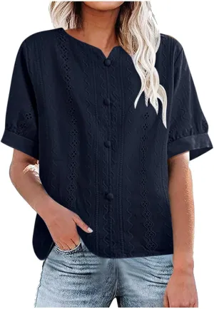 Cotton Linen Shirt for Women Elegant Embroidery Button Tops Summer Lantern Short Sleeve V Neck Blouse Tees Tunics