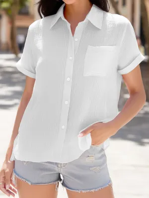COTTON LINEN SIDE SLIT POCKET SHORT SLEEVED SHIRT_CWTDSS0015 Lightweight Weave