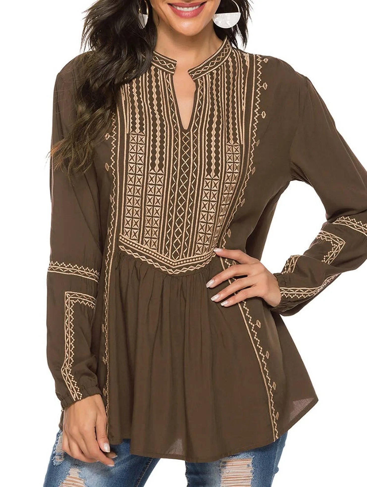 COTTON LONG SLEEVE EMBROIDERED BLOUSE_CWTBLL0817 MultiLayer Stitching