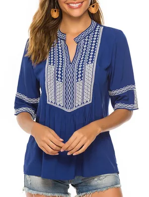 COTTON PLUS-SIZE V-NECK EMBROIDERED TOP_CWTBLS0659 Elasticized Waistband