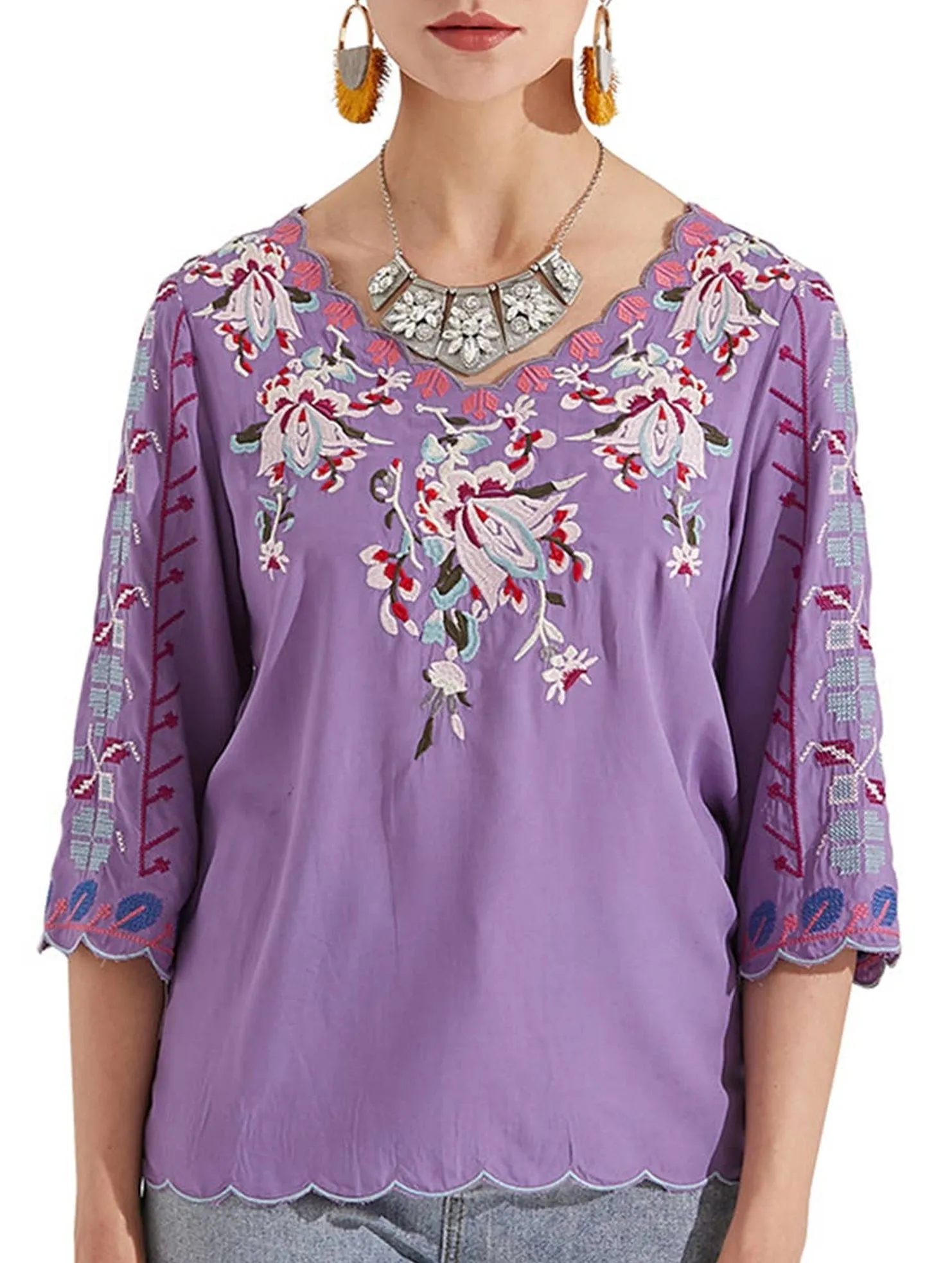 COTTON V-NECK FLORAL EMBROIDERED TOP_CWTBLL0824 Casual Long Sleeve
