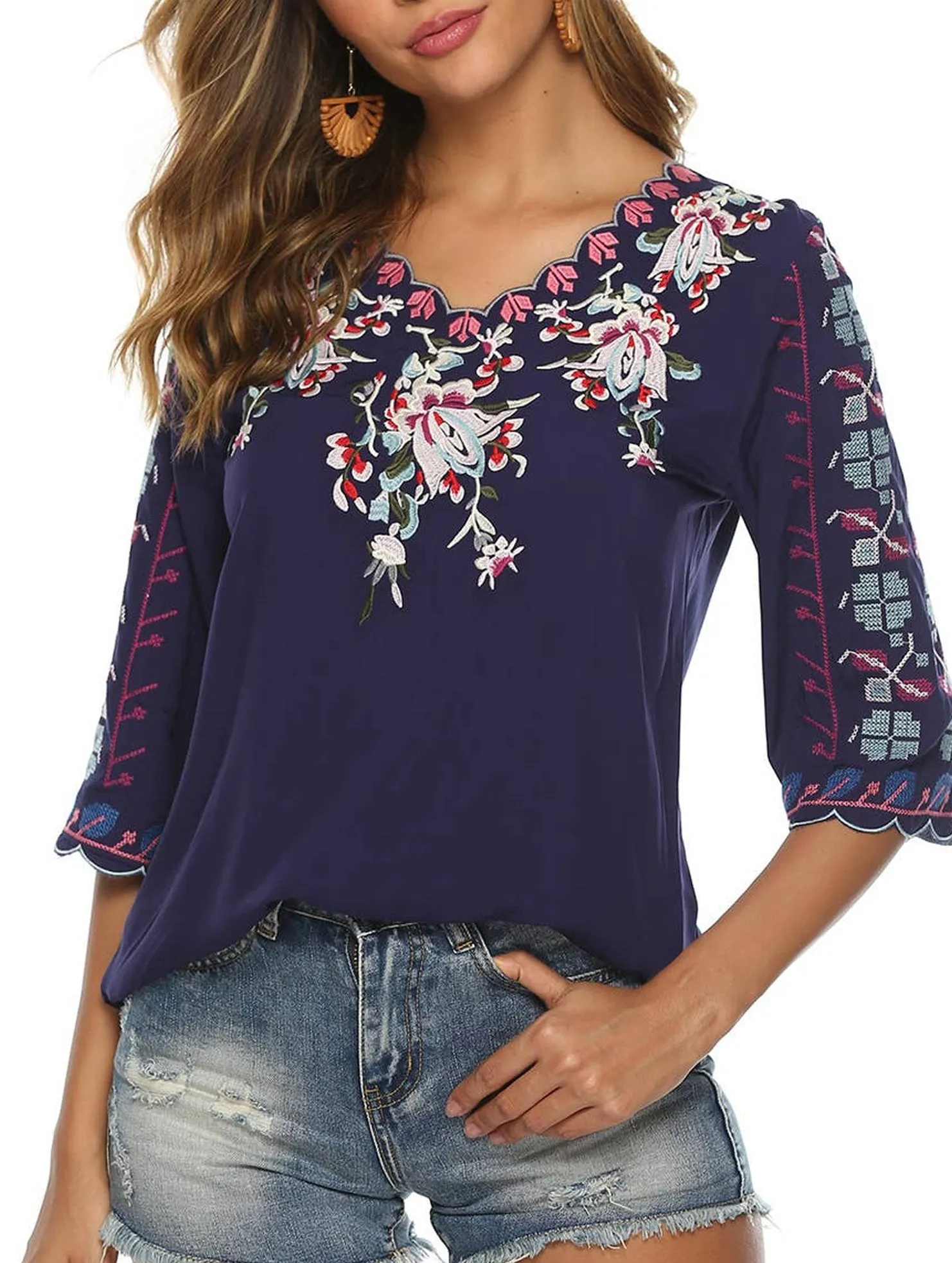 COTTON V-NECK FLORAL EMBROIDERED TOP_CWTBLL0824 SweatAbsorbent