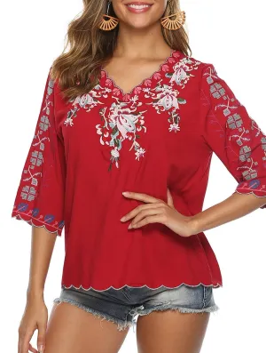 COTTON V-NECK FLORAL EMBROIDERED TOP_CWTBLL0824 Daily Wear