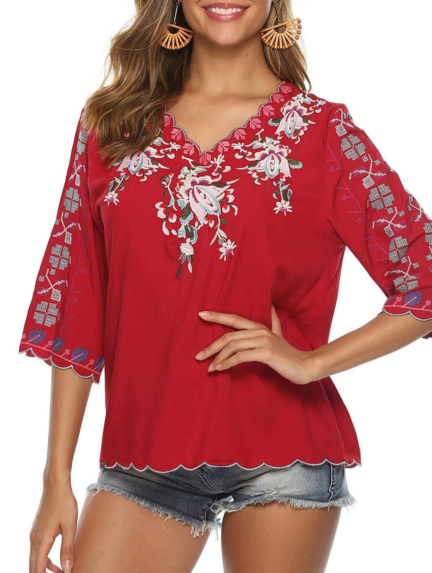 COTTON V-NECK FLORAL EMBROIDERED TOP_CWTBLL0824 Daily Wear